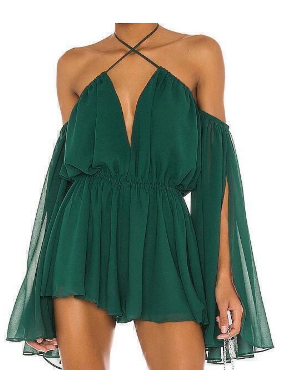 REVOLVE Emerald Green Off-Shoulder Chiffon Romper